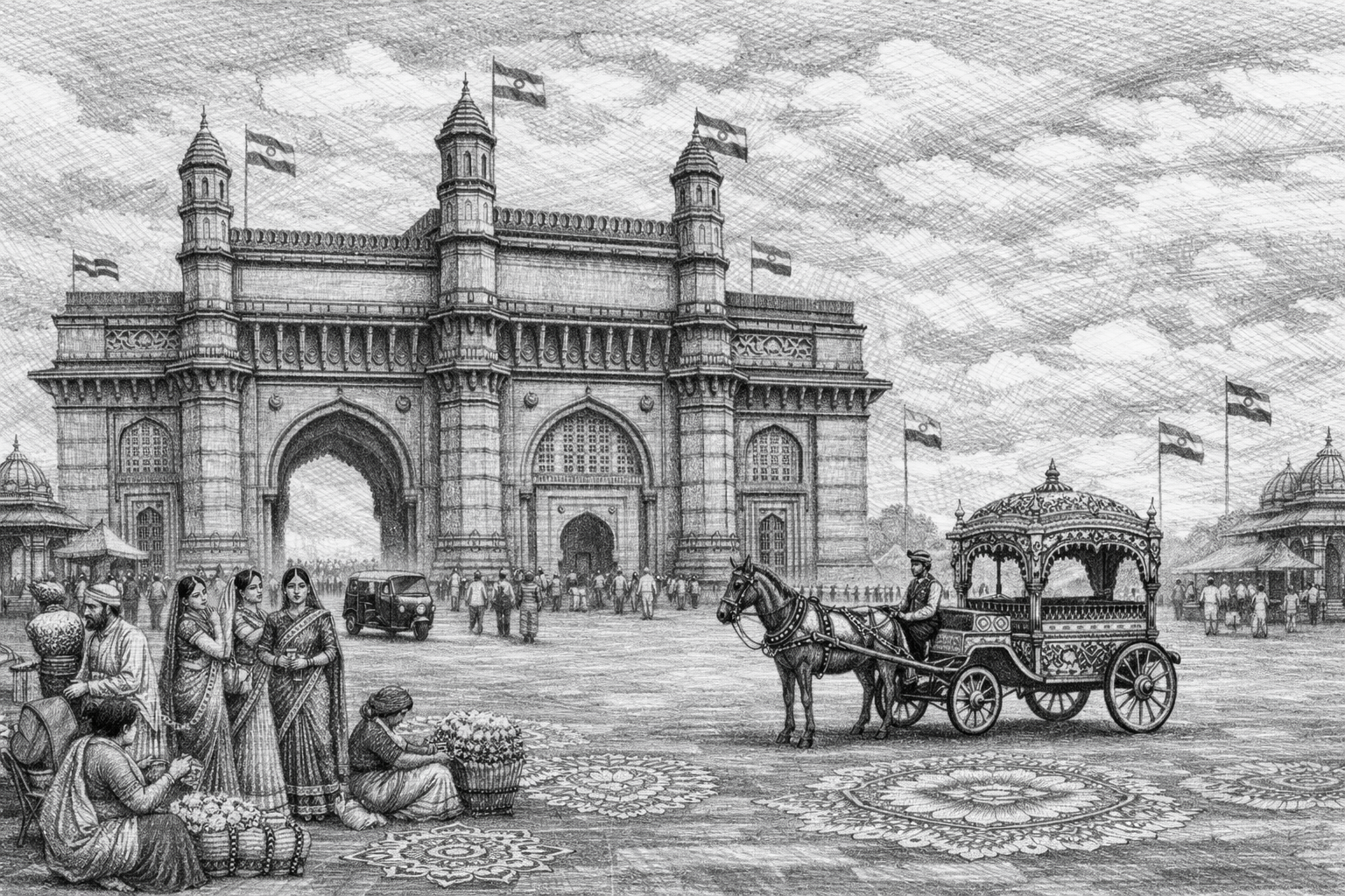 Vintage illustration of a large archway with people and a horse-drawn carriage in front